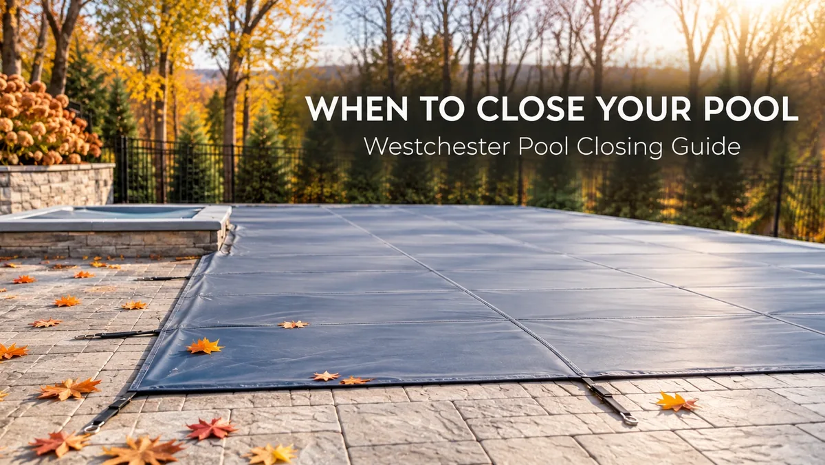 When to Close Your Pool — Westchester Pool Closing Guide: an inground pool under a navy safety cover with fall leaves across the stone patio